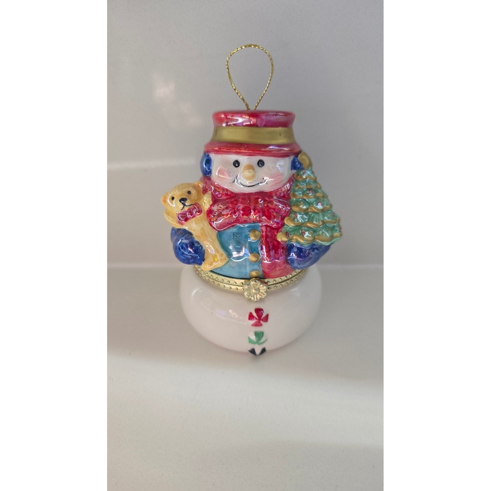 Snowman Musical Trinket Box Ornament Porcelain Wind Up Ice Skaters Iridescent